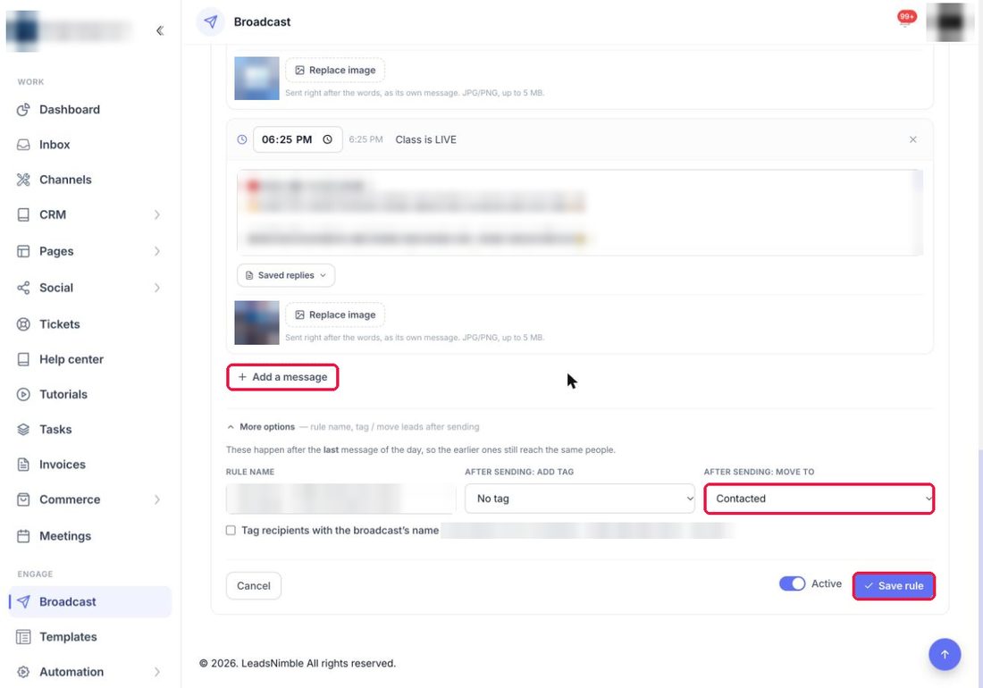 Add a message, After sending, Save rule