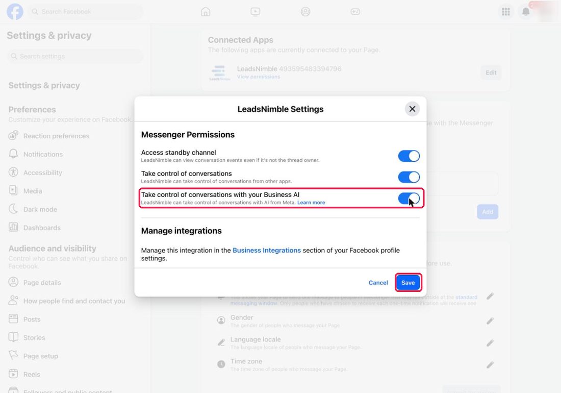 Business AI থেকে control নেওয়ার toggle